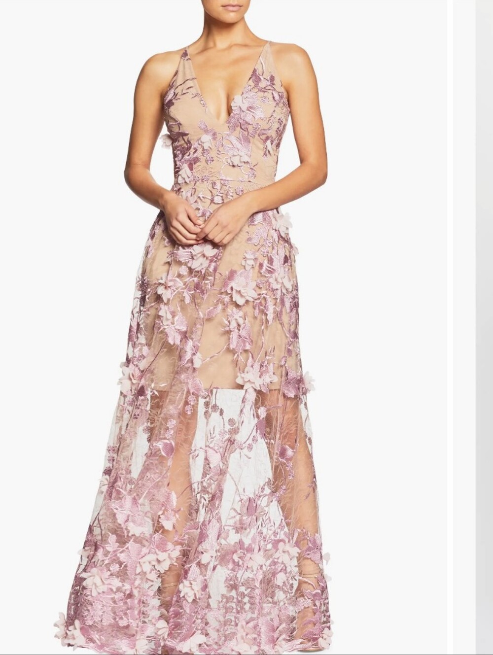 Dress The Population Pinkish Nude Floral Appliqué V-Neck Evening Dress